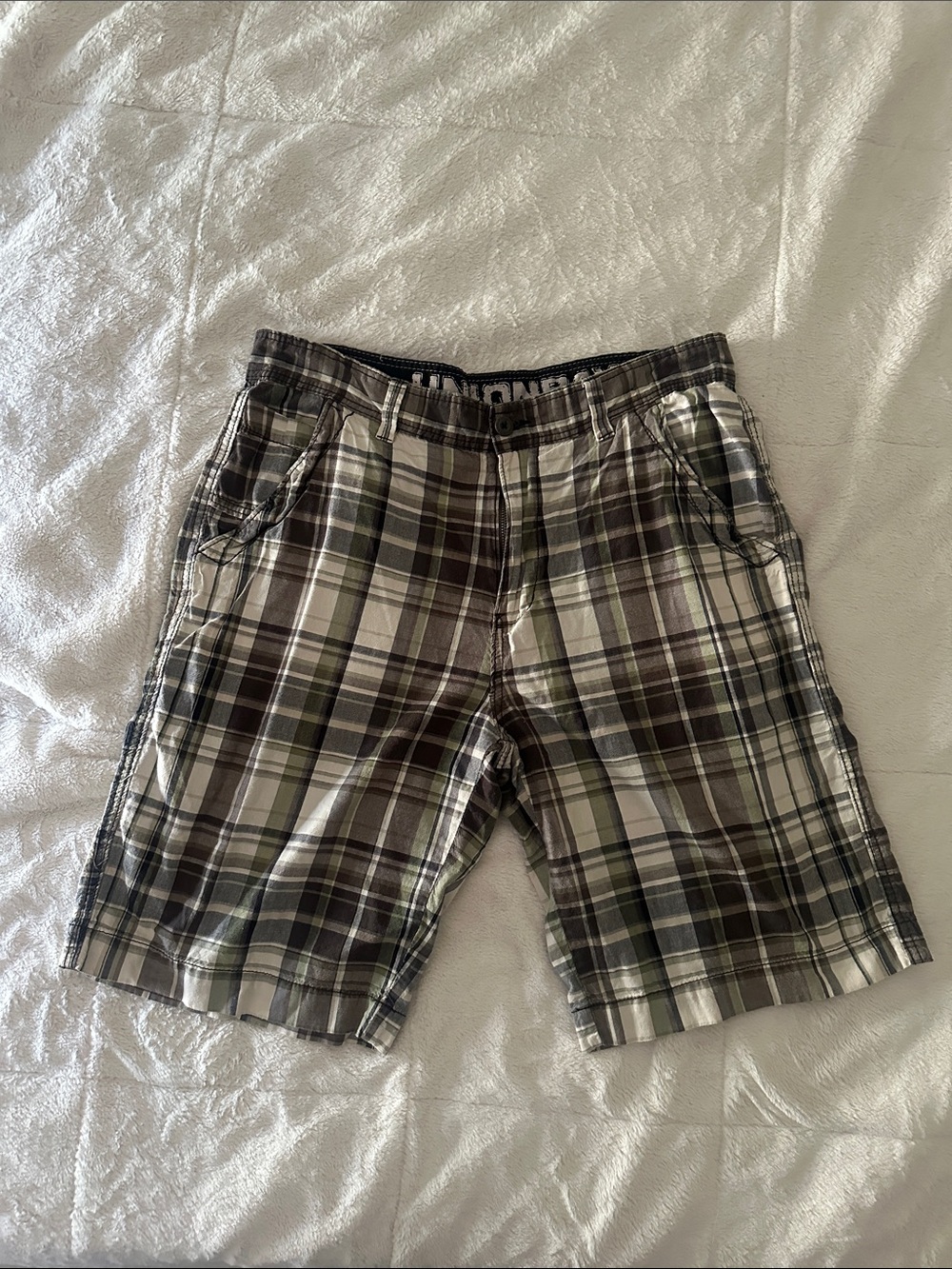 UNIONBAY Plaid Flat-Front Shorts in Olive, Brown, Cream